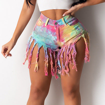 Cross-Border Wholesale European And American Hot Style Fringed Brushed Tie-Dye Imitation Denim Shorts Women'S Jeans Casual Pants