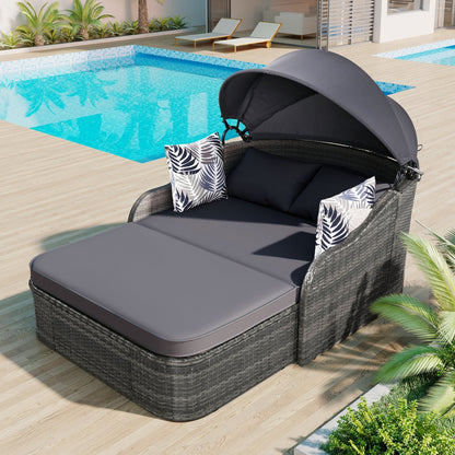 79.9 Outdoor Sunbed With Adjustable Canopy, Double Lounge, PE Rattan, Gray