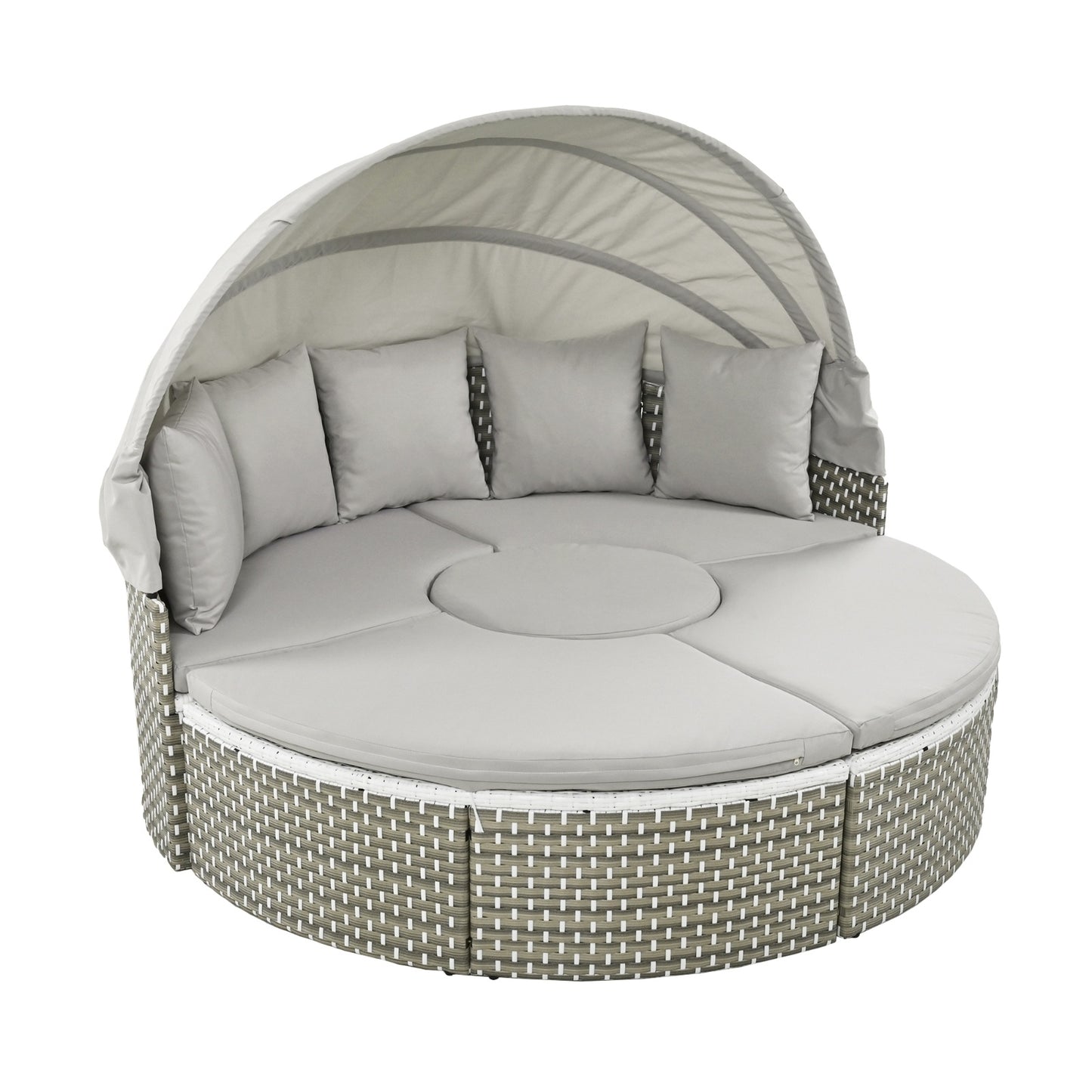 TOPMAX Patio Furniture Round Outdoor Sectional Sofa Set Rattan Daybed Two-Tone Weave Sunbed With Ret