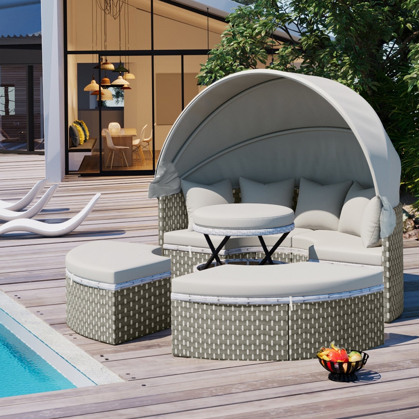 TOPMAX Patio Furniture Round Outdoor Sectional Sofa Set Rattan Daybed Two-Tone Weave Sunbed With Ret