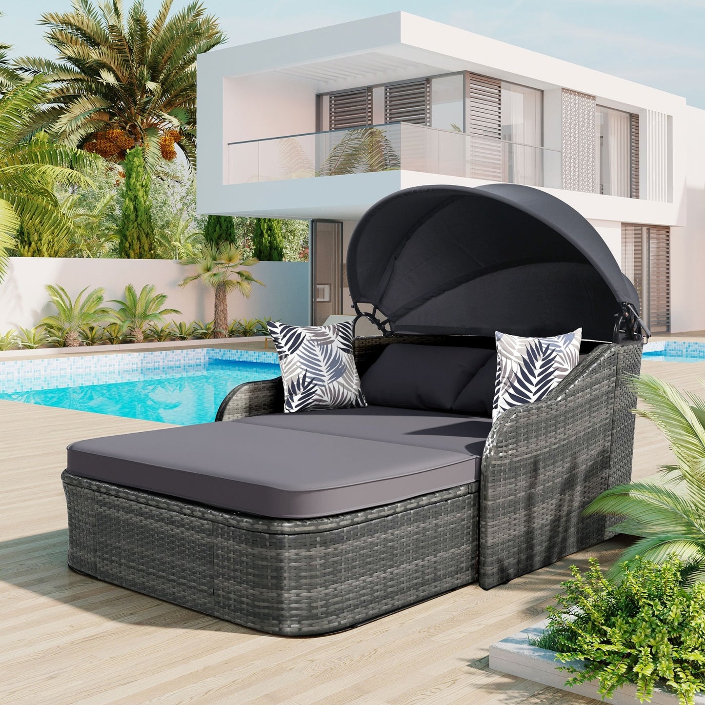 79.9 Outdoor Sunbed With Adjustable Canopy, Double Lounge, PE Rattan, Gray