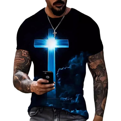 Men's Cross 3D Digital Printing Loose Casual Short Sleeve